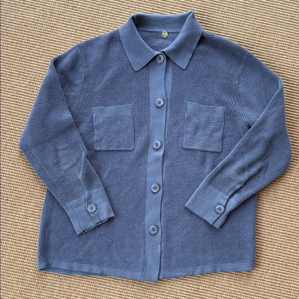 Margaret O’Leary Slate Blue Thermal Weave 100% Cotton Button Front Top